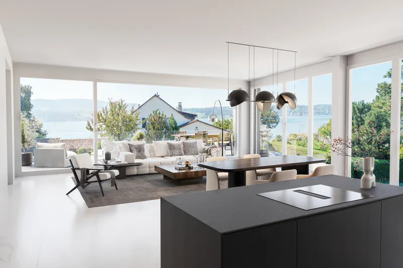 A stylish kitchen in an AED 5 million Dubai property highlighting contemporary design and premium appliances.