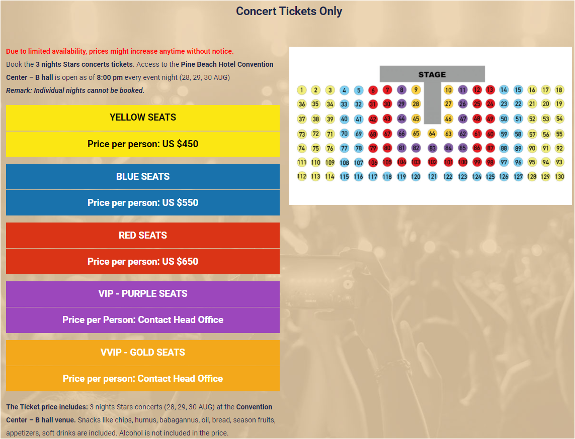 Arabian singers summer concert in Antalya Ticket list price