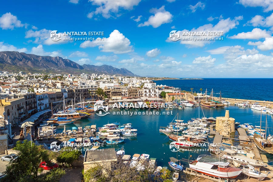 Panoramic aerial view of historic harbour in Kyrenia (Girne), North Cyprus in a beautiful summer day
